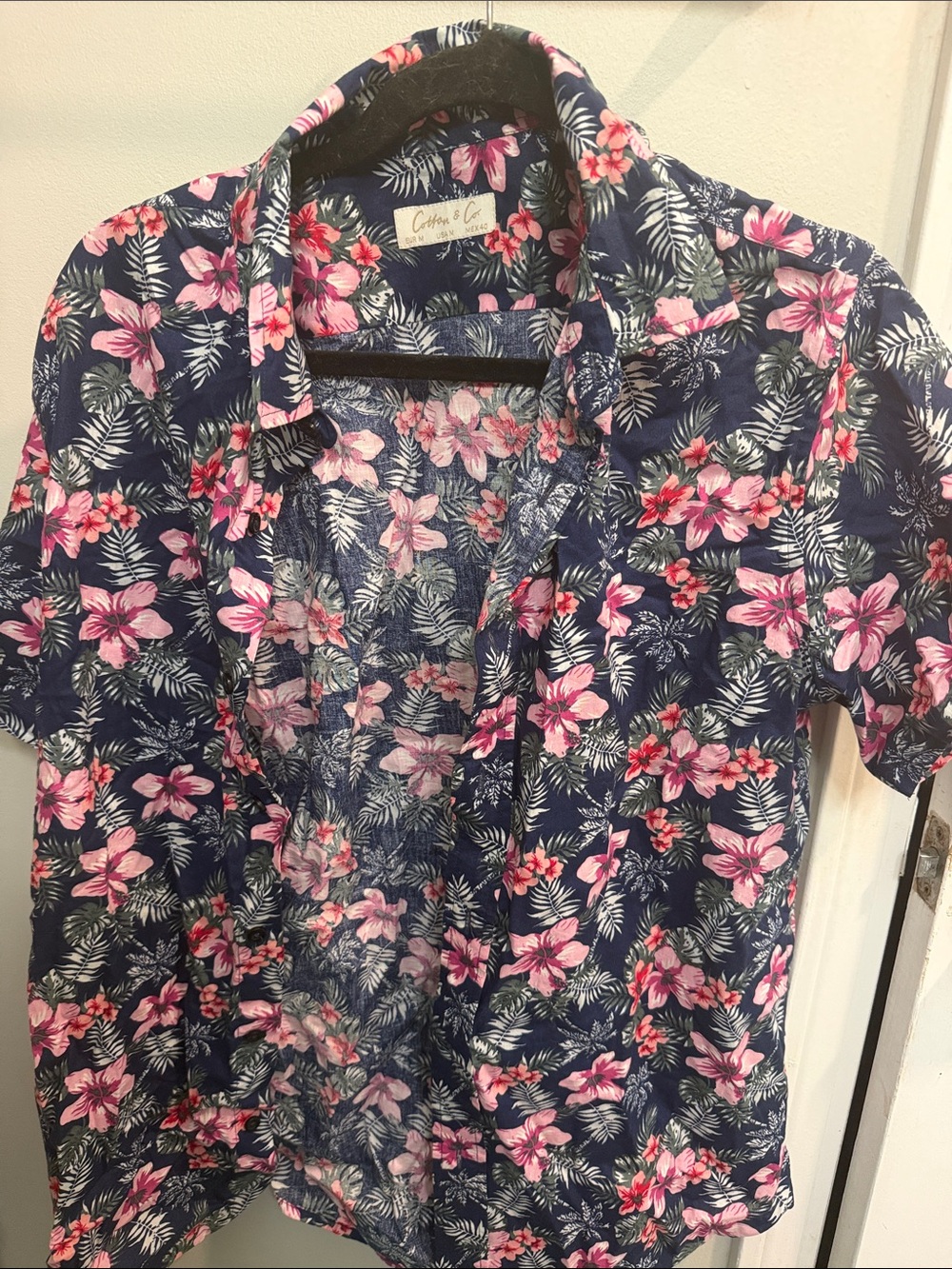 Casual Floral Button-Down Shirt - Navy with Pink Flowers